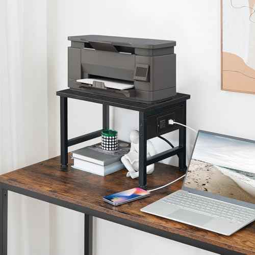 HOOBRO Printer Stand for Desk, Desktop Printer Stand with Charging Station, Small Printer Table with Storage Hook, Under Desk Printer Cart, File Rack for Home Office, Black BB01UPS01