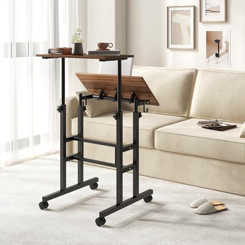Giantex Mobile Standing Desk, Portable Stand Up Desk Adjustable Height with Wheels, Tilting Tabletop & Hanging Hooks, Home Office Computer Workstation