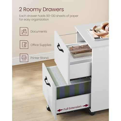 VASAGLE 2-Drawer File Cabinet, Small Rolling Filing Cabinet for Home Office, Printer Stand, for A4, Letter-Size Documents, 15.7 x 16.5 x 27.6 Inches, Snow White UOFC040W46