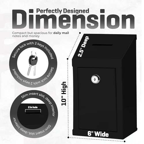 My Charity Boxes Wall Mount Metal Donation Drop Box with Lock, 10x6x2.5 Inches, Black