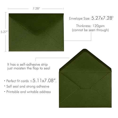 PONATIA 50 PCS/Pack A7 Envelopes, 5.25 x 7.28'' Olive Green Envelopes For 5x7'' Weddings Invitation Cards, Christmas Gift Cards, Acrylic Invitations, Photos and Any 5x7" Inserts