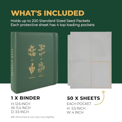 Seed Storage Organizer Binder - Seed Packet Organizer with 50 Pack Sheet Protectors That Stores 200 Seed Envelopes. Seed Storage Binder Delivering Complete Seed Saving Kit for Every Garden Lover.