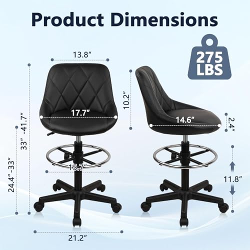KLASIKA Drafting Chair with Backrest & Wheels, Adjustable Footrest, PU Leather, Black Footrest, 1PK