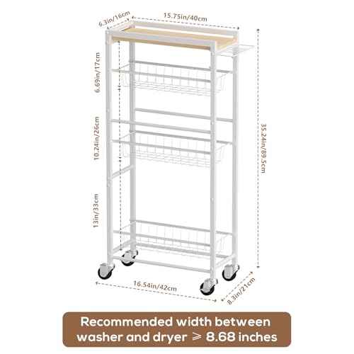 4 Tier Slim Rolling Storage Cart with Pull-Out Baskets, Narrow Sliding Storage Slim Laundry Cart Slim Rolling Kitchen Cart