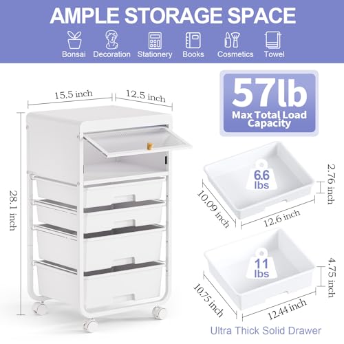 Utility-Rolling-Storage-Drawer-Craft-Cart-Organizers with 4 Drawers & Dust-proof Door for Kid Craft Art Room,Bedroom,Home Office, Craft Drawer cart, Classic White