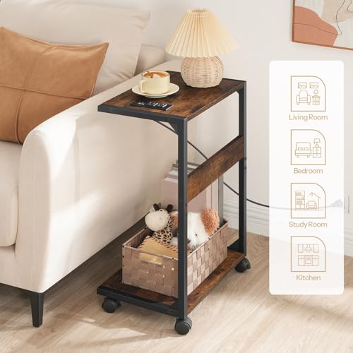 HOOBRO Rustic Brown 2-Tier Computer Tower Stand with Charging Station, Locking Casters