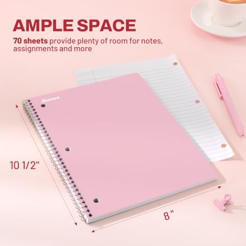SUNEE Pastel Spiral Notebooks Pack of 3 - 8x10.5 College Ruled, Durable Coil, Tear-Out Pages, 70 Sheets Each for School