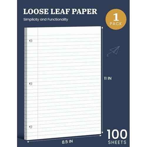 Loose Leaf Paper, 100 Sheets Notebook Paper, Binder Lined Paper Wide Ruled, 8.5'' x 11'' Loose Leaf, 3-Hole Punched Filler Writing Paper, 3-Ring Binder Note Papers, White