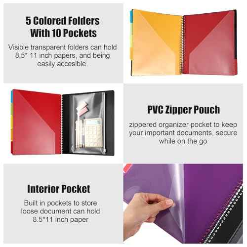 Yeaqee 6 Pack 10 Pocket Project Organizer Spiral Multi Pocket Folders Binder Organizer with Dividers Writable Tabs Zipper Pouch, Letter Size Plastic Folders for School Office
