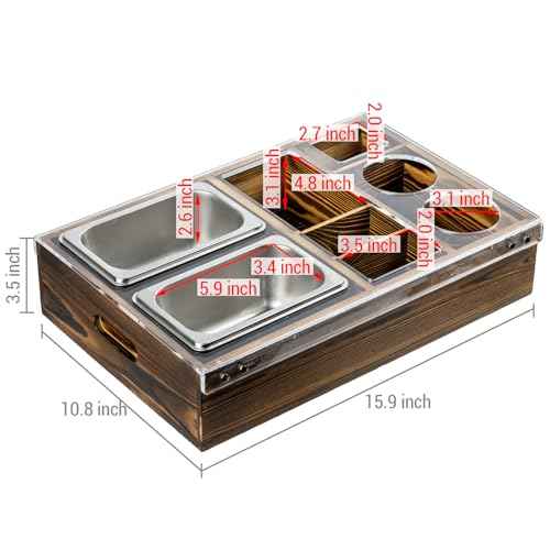 MyGift Couch Caddy Rustic Burnt Solid Wood and Premium Clear Acrylic TV Snack Tray with 2 Stainless Steel Snack Bowls, Dual Cutout Anti-Spill Drink Holders, Remote Control and Cell Phone Slots