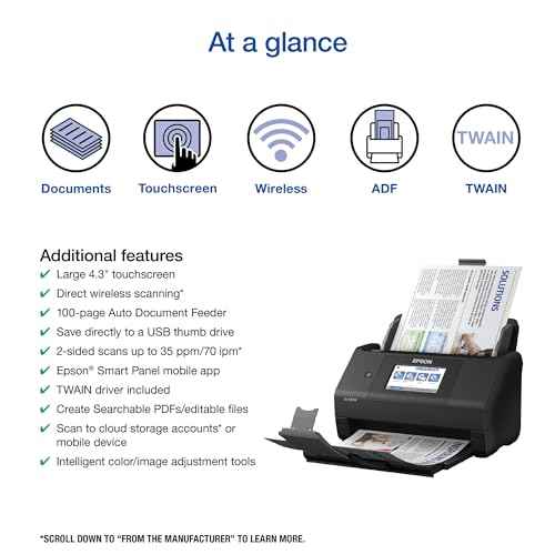 Epson Workforce ES-580W Wireless Color Duplex Desktop Document Scanner for PC and Mac with 100-sheet Auto Document Feeder (ADF) and Intuitive 4.3" Touchscreen