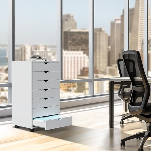 DUMOS 7 Drawer Vertical File Cabinet Mobile Filing Storage Dresser with Wheels Rolling Under Desk Printer Stand Wood Organizer for Office Home Bedroom, White
