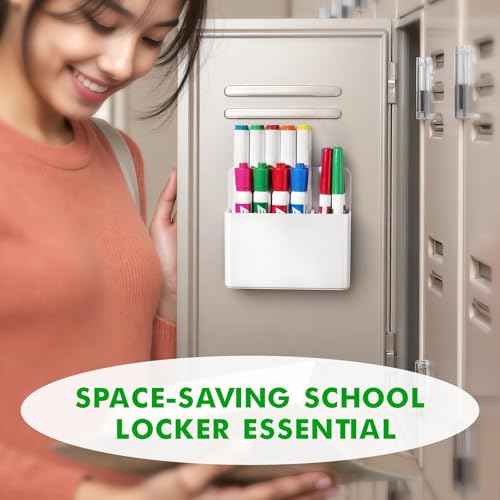 2 Pcs Magnetic Dry Erase Marker Holder for Whiteboard, Plastic Magnetic Pen Holder for Refrigerator Fridge, Magnet Pencil Cup for School Classroom, Locker Accessories, Pen Cup Organizer-White