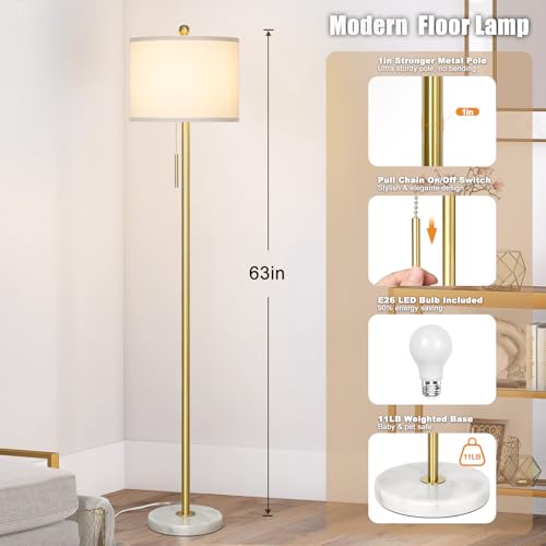 ¡¼Upgraded¡½ Dimmable Gold Floor Lamps for Living Room, 63in Modern Standing Lamp with Marble Base, Tall Pole Light with White Linen Shade for Bedroom Reading Office Corner Nursery