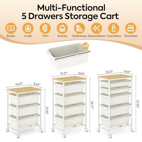 KINGBOARD White 3-Drawer Slim Rolling Cart with Wooden Top - 14.37 x 9.65 x 21.26 in