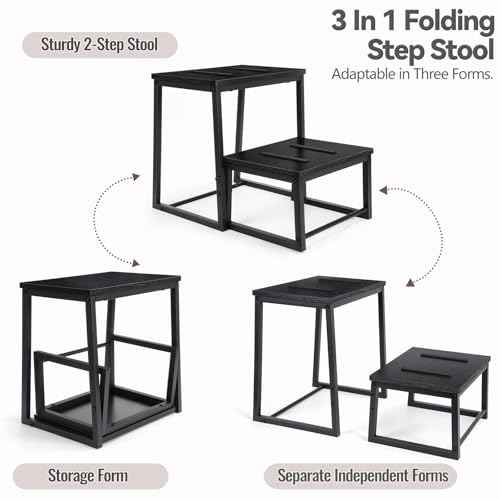 Vrisa Step Stool for Adults Wooden 2 Steps Footstool Heavy Duty RV Bedside Stepping Stool for High Beds with Metal Frame Hold Up 500LB Foot Stool for Kitchen Bathroom Bedroom, Black