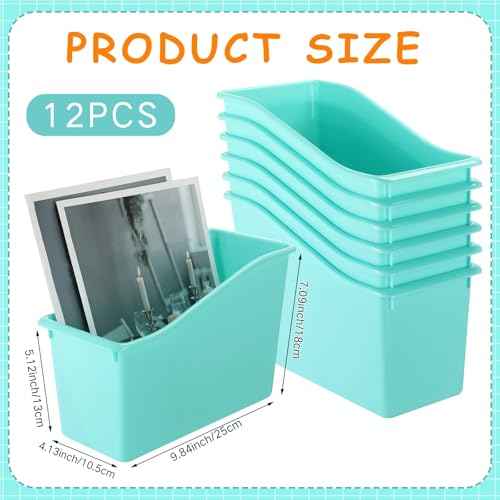 Fuutreo 12 Pieces Book Bins for Classroom Plastic Binder Holder Magazine Stuff Folder File Organizer Box for Home Office School Supplies(12 pcs,Water Blue)