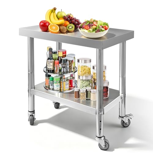 Stainless Steel 30 x 18 x 34 In. Mobile Work Table with 4 Wheels – Adjustable 2-Tier Heavy Duty Prep Station (Srehloe)