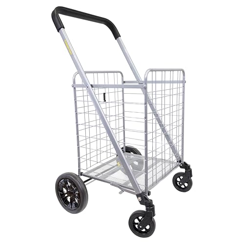 dbest products Cruiser Cart Deluxe 2 - Foldable Shopping Cart with Wheels for Groceries - Heavy Duty Utility Cart with Brake System - Collapsible Laundry Cart - USA Designed - Holds 100 lbs - Silver