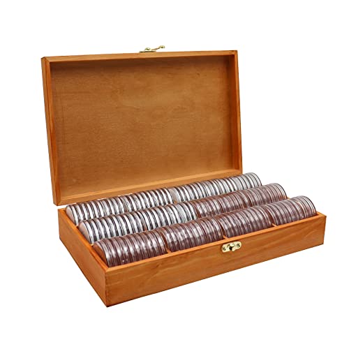 20-46 mm Wooden Coin Holder, 120 Pcs Highly Transparent Coin Capsules with Foam Gasket, Coins Collector Case Holder, Professional Coin Storage Case Box for Coin Collection (Bronze)