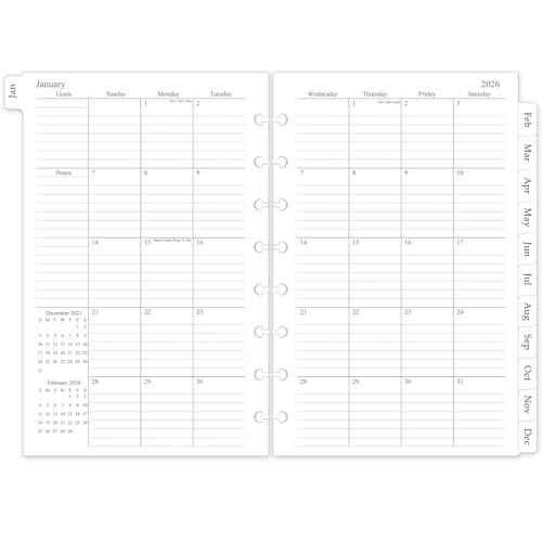 2026 Monthly Planner Refill, A5 Medium Size Planner Inserts for 8-Disc Discbound, 5.5"x8.5", Jan. 2026 - Dec. 2026, 12 Monthly Calendars with Laminated Tabs