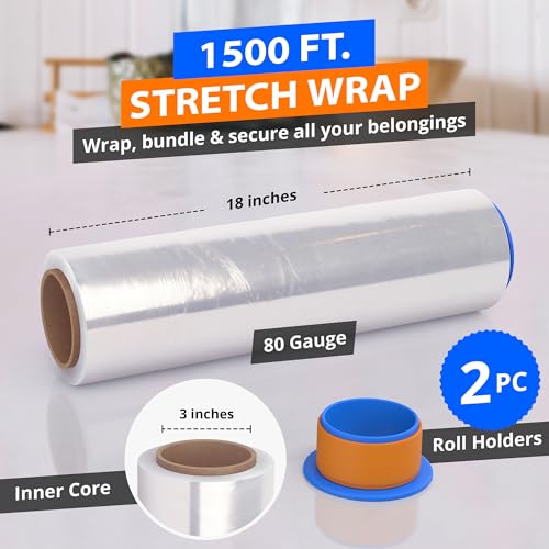 Lifetime Supplies 4 Pack Heavy Duty Clear Plastic Stretch Film 18" x 1500 Ft 80 Gauge - Industrial Shrink Wrap with Holder Included