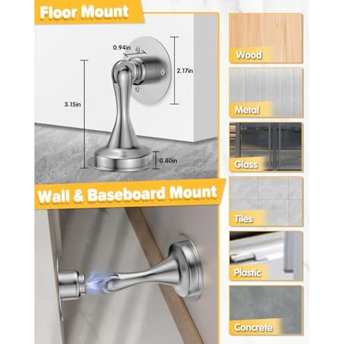 Door Stoppers Magnetic Door Catch - 2 Pack Stainless Steel Heavy Duty Door Holder Stops for Bottom Top of Door - Wall Floor Mounting No Drill 3M Adhesive & Screws Strong Magnet Keep Door Open(Silver)