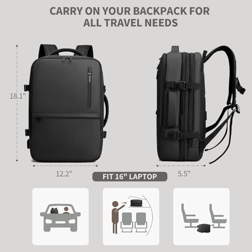 Travel Backpack for Men Women, Expandable Carry on Backpacks with USB Charging Port for Business Work Commute Casual, Black