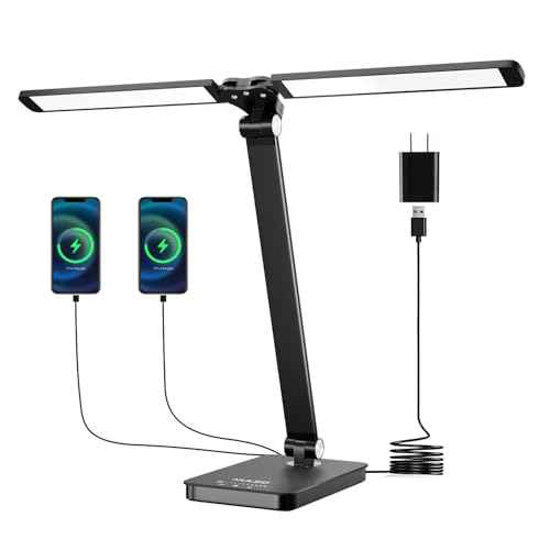 NUNET Double Head LED Desk Lamp, 10W Dimmable Piano Stand Light with Dual Swing Arms, USB Charging Ports, Battery Powered Cordless Table Lamp for Upright Piano, Music Stand, Camping, Home & Office