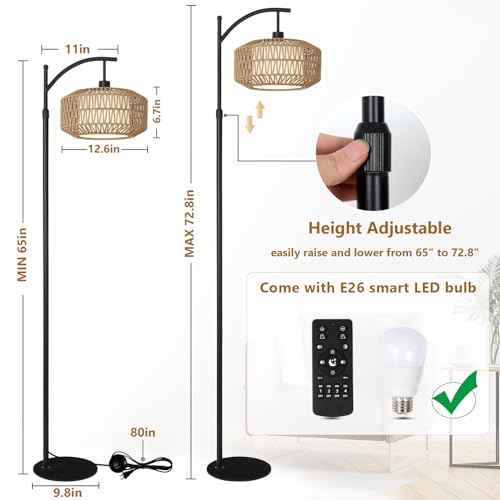 Arc Floor Lamps for Living Room, Dimmable Rattan Floor Lamp with Remote & LED Bulb, Mid Century Modern Standing Lamp with Double Shades, Boho Farmhouse Tall Pole Lamps for Bedroom Office