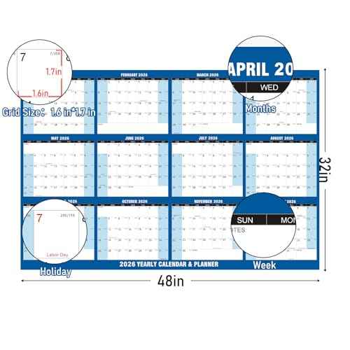 32" x 48" 2026 Wall Calendar Large Dry Erase Calendar for Wall Erasable Laminated 12 Month Wall Planner Yearly Annual Calendar Reversible Horizontal/Vertical Office Classroom Home Blue