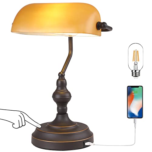 Banker Desk Lamp Touch Control, Vintage Banker's Desk Lamp with USB Port, 3 Way Dimmable Desk Lamps, Farmhouse Library Lamp Oil Rubbed Bronze for Office, Study Room