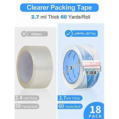 JARLINK Clearer Packing Tape 18 Rolls, Heavy Duty Packaging Tape for Shipping Packaging Moving Sealing, 2.7mil Thick, 1.88 inches Wide, 60 Yards Per Roll, 1080 Total Yards