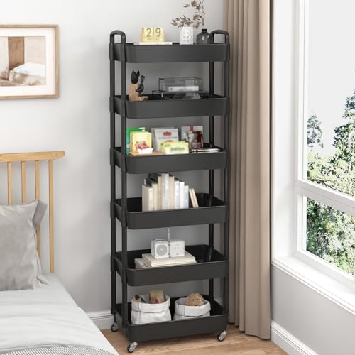 Sywhitta 6-Tier Plastic Rolling Utility Cart with Handle, Multi-Functional Storage Trolley for Office, Living Room, Kitchen, Movable Storage Organizer with Wheels, Black