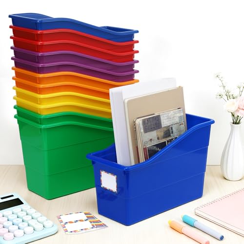 Gisgfim 12 Pack Rainbow Large Book Bins with Labels - Classroom Storage Organizer