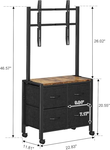 Cottage Charm Black Mobile TV Cart for 23-65 inch TVs, 88 lb load, with 4 Fabric Drawers & Wood Shelf
