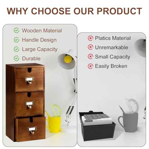 DLUGOPIS 3 Tier Index Card Holder 3x5 Wooden Card Catalog Box with 3 Drawers Brown Index Card Storage Box Flash Card Holder 25 Index Card Dividers 2 Letter Smile Stickers for Office