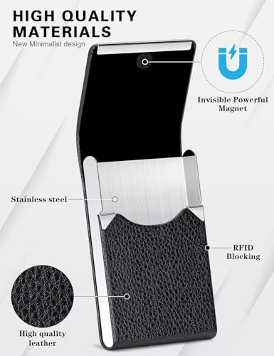 Padike Black PU Leather Business Card Holder Slim Metal Pocket with Magnetic Closure