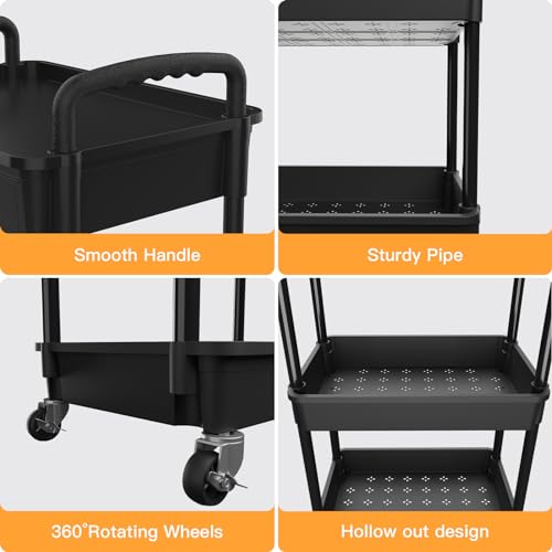 Black 3-Tier Rolling Utility Cart with Drawer - Multi-Purpose Storage Organizer