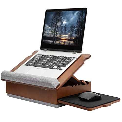 Wooden Tilting Lap Desk for Writing, Drawing, Laptop Work, and More, Height Adjustable Compact Table with Slide-Out Mouse Pad, Internal Storage, Wrist Support, Dark Wood, SX-LAPD-1