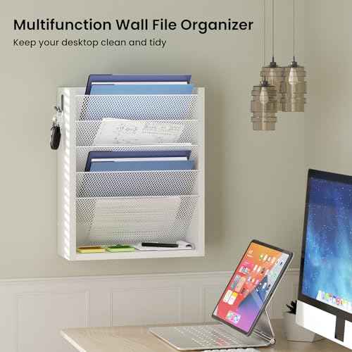 Hanging Wall File Organizer, 6 Tier Wood Wall File Holder with 2 Hooks, Mail Organizer Wall Mounted with Bottom Flat Tray, Vertical Paper Desk Storage for Office, Home, White