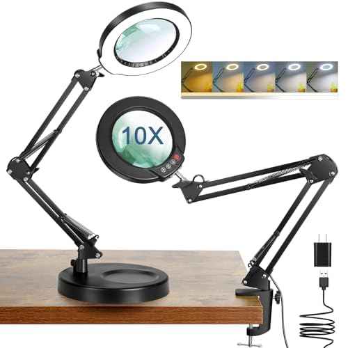 10X Magnifying Glass with Light and Stand, 5 Color Modes Stepless Dimmable 2-in-1 Lighted Magnifier with Clamp, LED Desk Lamp Hands Free for Crafts Hobby Reading Painting Sewing Close Work