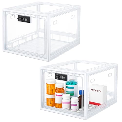 Juexica 2 Pcs Large Medicine Box for Safe Medication, Clear Lockable Storage Box for Medication Refrigerator Fridge/snacks Food for Home Dorms Office Storage Lockers