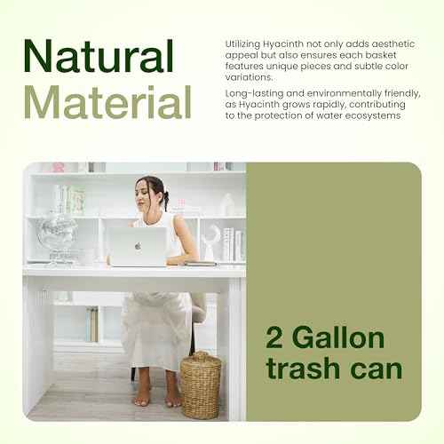 2 Gallons Wicker Waste Basket - Water Hyacinth Bathroom Garbage Can with a Lid - Bathroom Trash Can Boho Style - Wicker Trash Can with Lid for Household, Kitchen - Removable Liner, Iron Frame