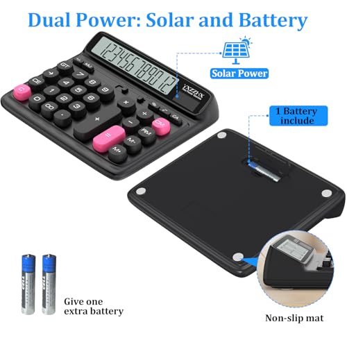 Yxzzhx Black Desktop Calculator with 5-Inch LCD, 12-Digit Solar & Battery Power