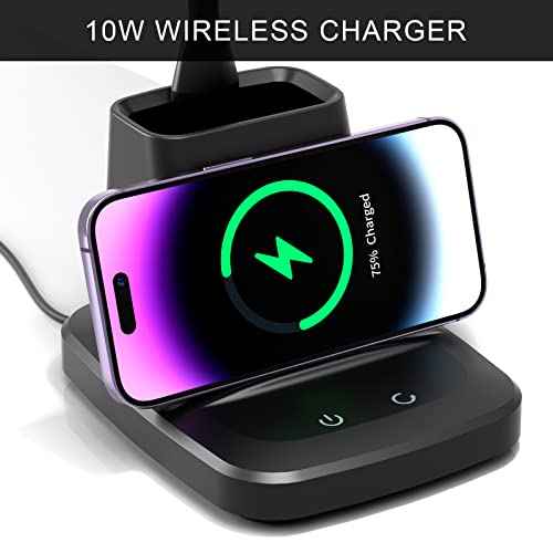 Desk Lamp for Home Office, LED Desk Lamp with Wireless Charger Pen Holder, Dimmable Desk Light with 3 Color Modes, Black Office Lamp for Dorm