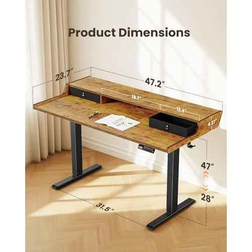 ErGear Electric Standing Desk with Drawers, 48¡È x 24¡È Gaming Table Compatible Monitor Stand, Stand up Desks, Home Office Height-Adjustable Desk with Storage Shelf, 4 Preset Heights, Vintage Brown