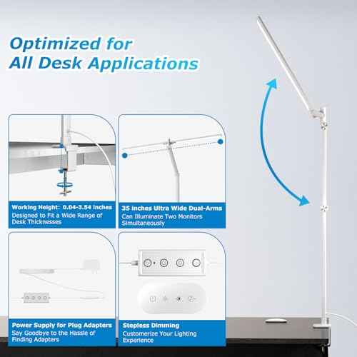 LED Desk Lamp, Double Swing Arm Wide Lighting Area Desk Lamps for Home Office with Stepless Dimming, Eye-Caring Architect Desk Light with Clamp for Reading, Study, Workbench, Drafting(White)