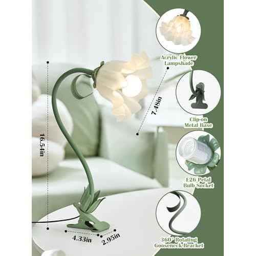 Clip on Light Flower Desk Lamp with Clamp,3 Color Modes LED Eye-Caring Reading Light Flexible Gooseneck Book Light Study Clip on Lamp for Desk Piano Office Headboard Dorm Bed (Green Lamp)