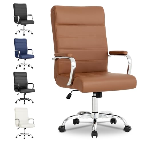 Bowthy Brown Leather Office Desk Chair - High Back Swivel Executive Chair with Adjustable Height & Armrests